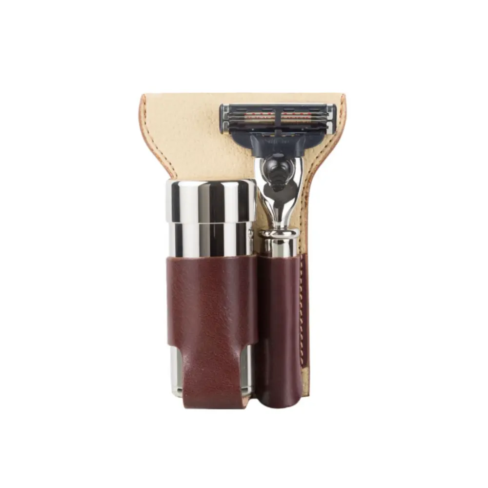 Shaving Accessories - Mondial 1908 Travelset Mach3 Brush & Razor - Brown